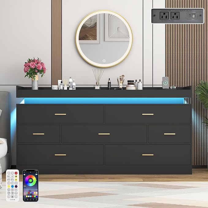 7 Drawer Dresser with LED Light and Charging Station, Wide Drawer Organizer - Image 3