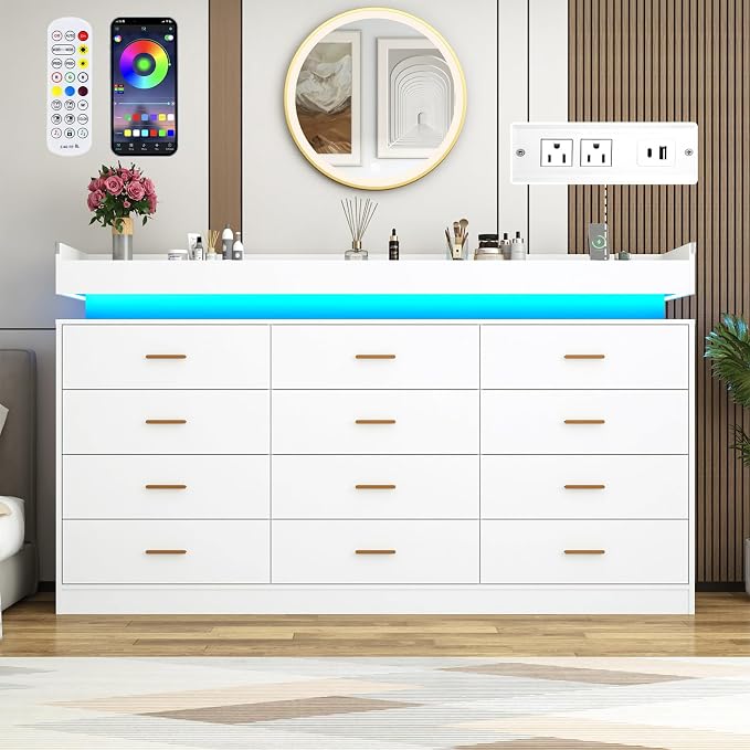 12 Drawer Dresser with LED Light and Charging Station, Wide Drawer Organizer - Image 3