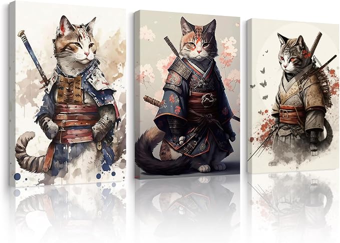 Japanese Cat Wall Art Poster Samurai Cat Canvas Wall Decor Japanese Anime by Unknown