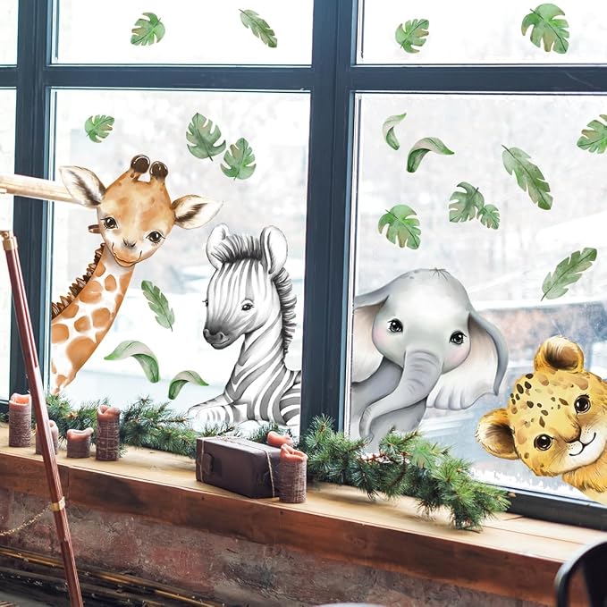 22.44 x 21.25 Inch Watercolor Jungle Animal Window Clings Tiger Lion Elephant - Image 5