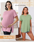 Ficerd 3 Pack Women's Maternity T Shirts, Short Sleeve Side Split Pregnancy - Image 2