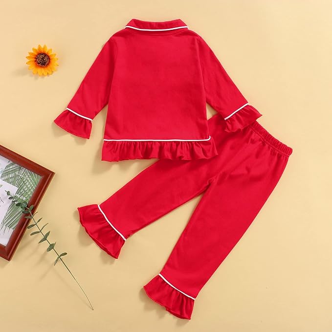 fhutpw Toddler Kids Baby Girl Pajamas Set Solid Color Ruffle Long Sleeve Button - Image 3