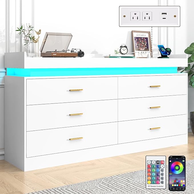 6 Drawer Dresser with LED Light and Charging Station, Wide Drawer Organizer by Hlivelood