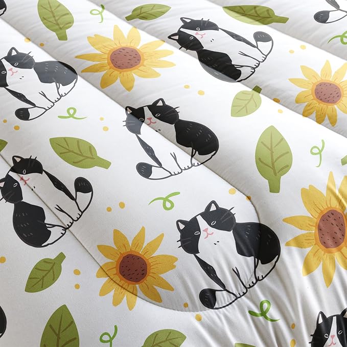 QOOMO Kawaii Cat Comforter Twin Size, Sunflower Cat Comforter Set - Image 5