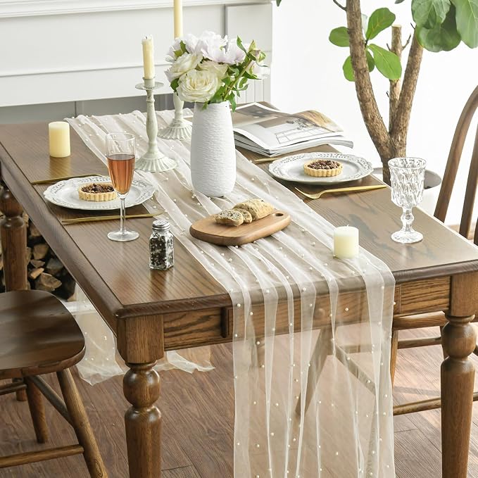 Artoid Mode Pearl Beige Gauze Table Runner 120 Inch 10FT, Seasonal Sheer Dining - Image 3