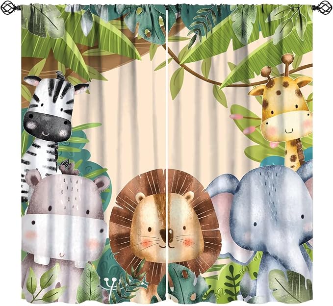 Jungle Animals Curtains Colorful Forest Cartoon Wildlife Lion Giraffe Elephant by JADERYS