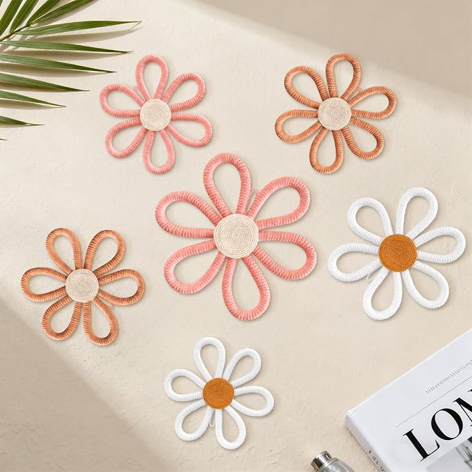 6Pcs Boho Nursery Decor, Daisy Flower Woven Macrame Wall Hanging 3 Sizes - Image 3