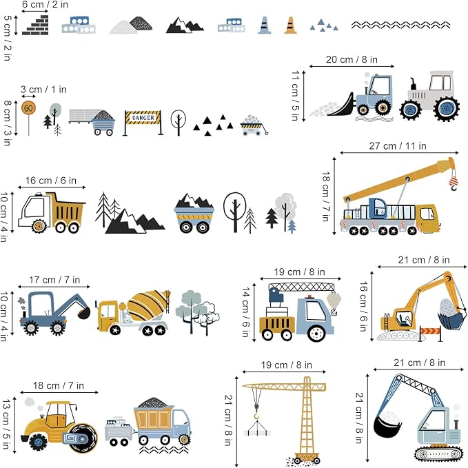 decalmile Construction Vehicles Wall Stickers Trucks Tractor Excavator Crane - Image 4