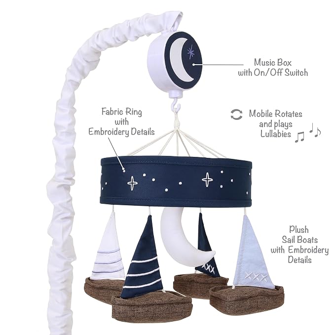 Lambs & Ivy Little Skipper Sailboat & Moon Musical Baby Crib Mobile Soother Toy - Image 3