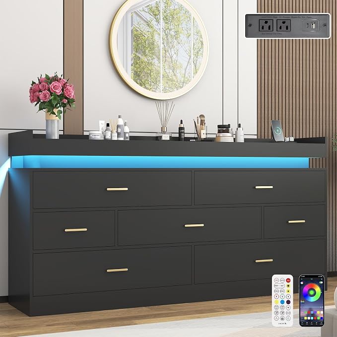 7 Drawer Dresser with LED Light and Charging Station, Wide Drawer Organizer by Hlivelood