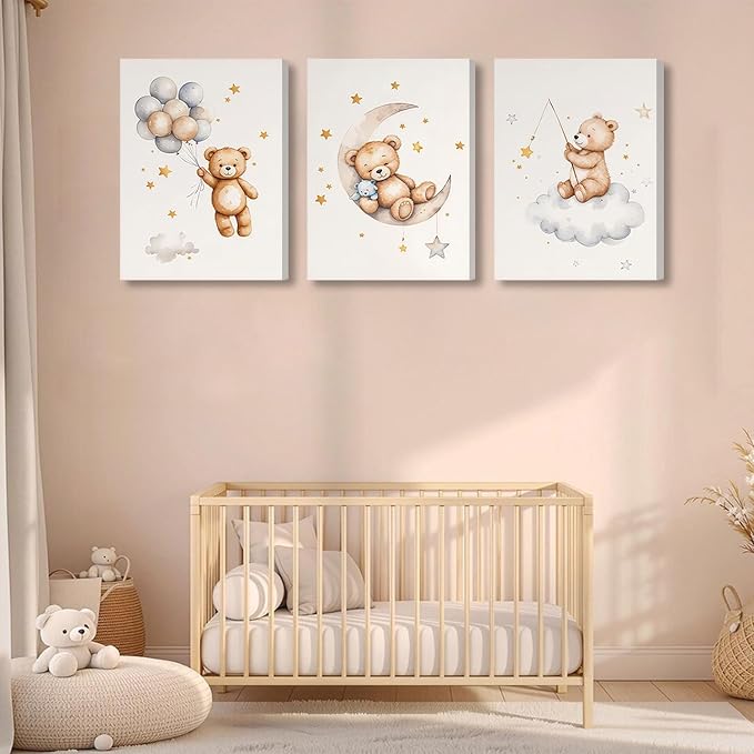 3 Pcs Framed Teddy Bear Nursery Canvas Wall Art Bear Sleeping on The Moon and - Image 4