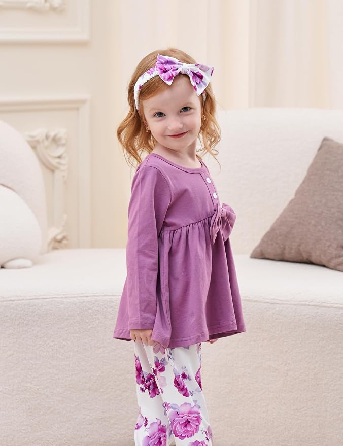 oklady Toddler Baby Girl Clothes Solid Color Ruffle Tops Floral Pants - Image 3