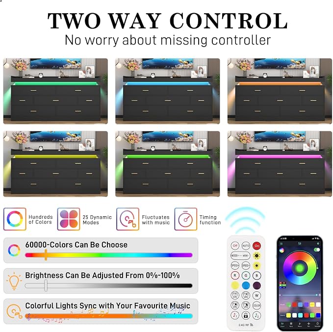 7 Drawer Dresser with LED Light and Charging Station, Wide Drawer Organizer - Image 6