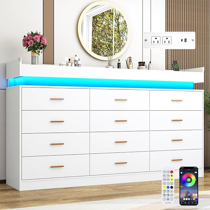 12 Drawer Dresser with LED Light and Charging Station, Wide Drawer Organizer by Hlivelood