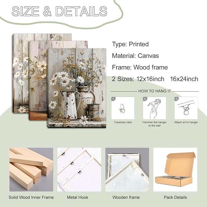 Daisy Bathroom Canvas Wall Art Set of 3, Vintage Rustic Farmhouse Wall Decor - Image 4