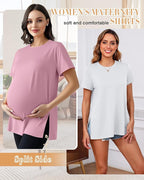 Ficerd 3 Pack Women's Maternity T Shirts, Short Sleeve Side Split Pregnancy - Image 2