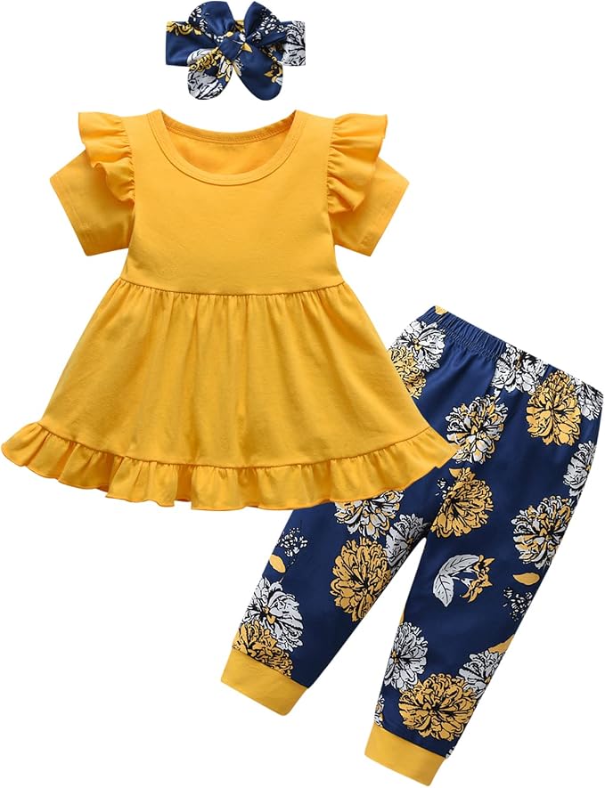 Kulcerry Toddler Baby Girl Clothes Solid Color Long Sleeve Ruffle Tops Pants by Kulcerry