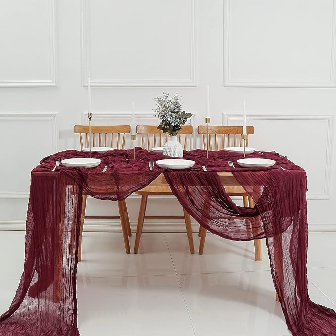DOLOPL Christmas Table Runner Burgundy Cheesecloth Table Runner 13.3ft Boho - Image 6