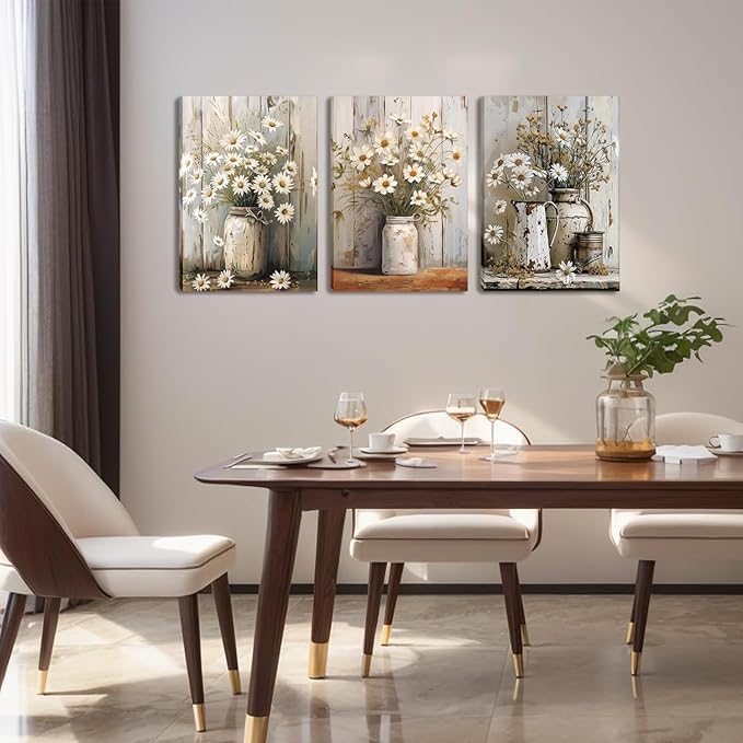 Daisy Bathroom Canvas Wall Art Set of 3, Vintage Rustic Farmhouse Wall Decor - Image 5