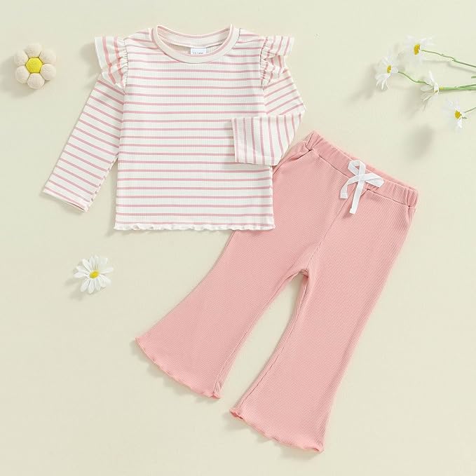 FOCUSNORM Toddler Baby Girl Outfits Ruffle Long Sleeve Striped Trim Tops + - Image 2