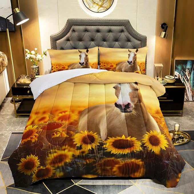QOOMO Horse Comforter King Size, Sunflower Horse Comforter Set by QOOMOHOME
