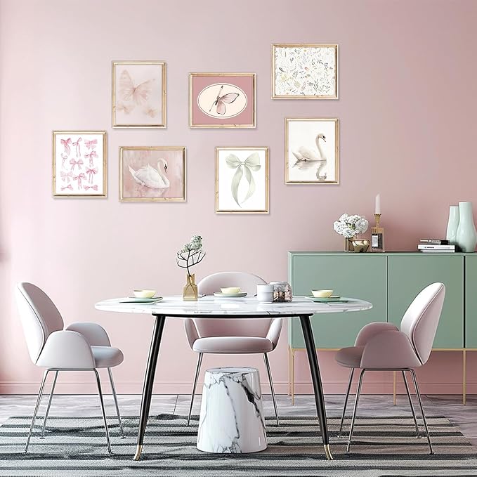 Pink Wall Decor Paintings Set Of 9, Cute Preppy Bow Swan Posters Prints Pictures - Image 3