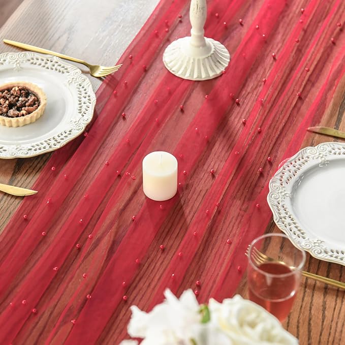 Artoid Mode Pearl Red Gauze Table Runner 59x120 Inch, Seasonal Sheer Kitchen - Image 4