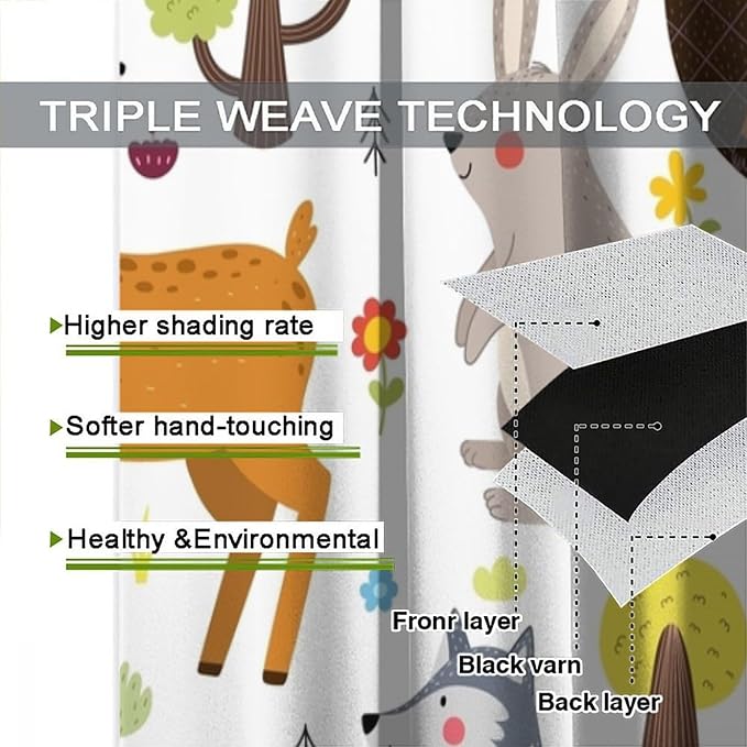 Forest Animals Kids Blackout Curtains Cartoon Cute Bear Deer Squirrel Owl - Image 6