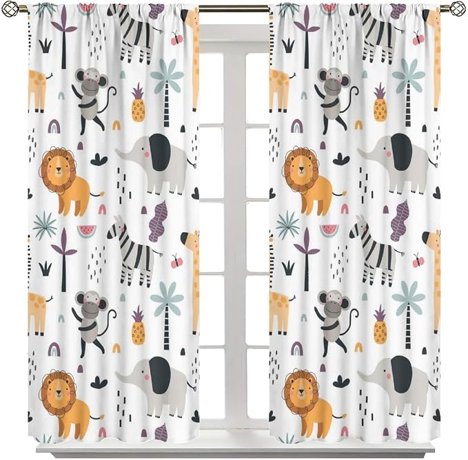 Cute Cartoon Animals Curtains Tropical Jungle Animals Elephant Giraffe Monkey - Image 3