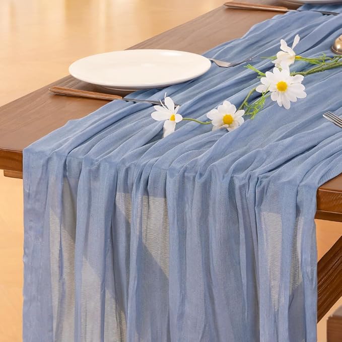 Socomi Dusty Blue Table Runner Spring Easter Cheesecloth Table Runner 170 inch - Image 3