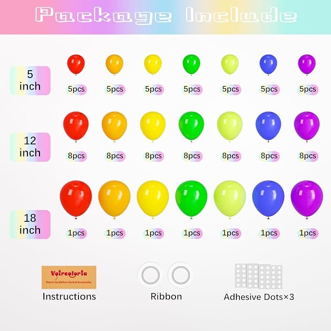 98pack Rainbow Balloons Different Size 18/12/10/5 Inch Rainbow Colorful Balloon - Image 2