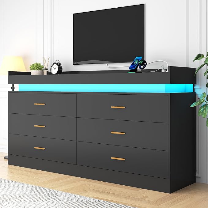 6 Drawer Dresser with LED Light and Charging Station, Wide Drawer Organizer - Image 6