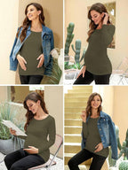 Ecavus Women's Maternity Shirts Long Sleeve Soft Stretchy Pregnancy Tops Side - Image 5