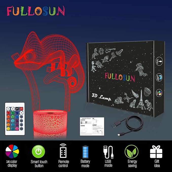 FULLOSUN Chameleon 3D Night Light Lizard Projection LED Lamp Baby Nursery - Image 8
