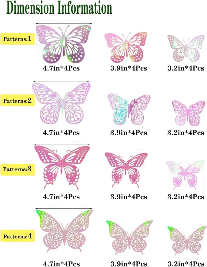 JOSDIOX 3D Butterfly Wall Decor 48 Pcs 4 Styles 3 Sizes, Laser Pink Butterflies - Image 2