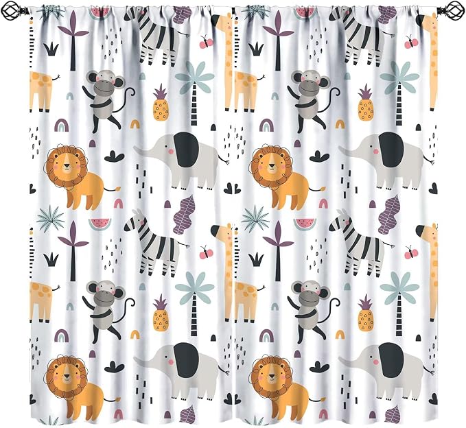 Cute Cartoon Animals Curtains Tropical Jungle Animals Elephant Giraffe Monkey by JADERYS