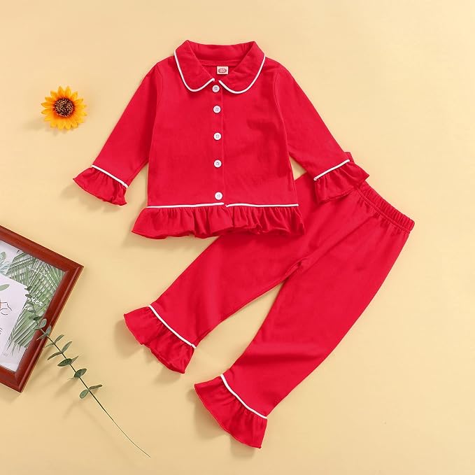 fhutpw Toddler Kids Baby Girl Pajamas Set Solid Color Ruffle Long Sleeve Button - Image 2