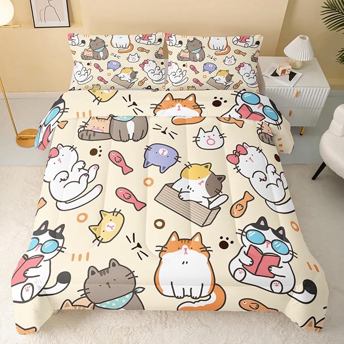 QOOMO Kawaii Cat Comforter Queen, Kawaii Animals Comforter Set - Image 2