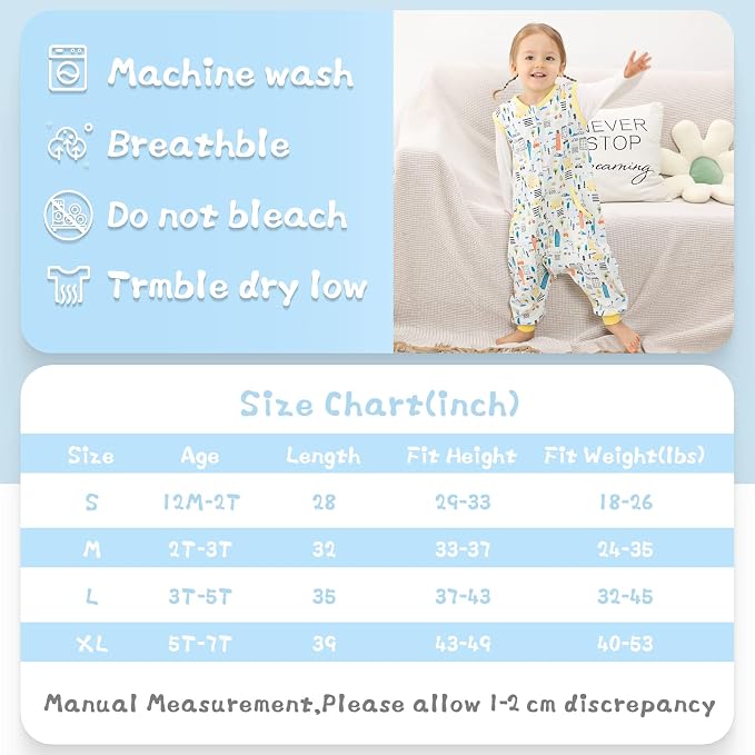 WONDAY Toddler Sleep Sack with Feet, 0.5 Tog Sleeping Sacks - Image 7