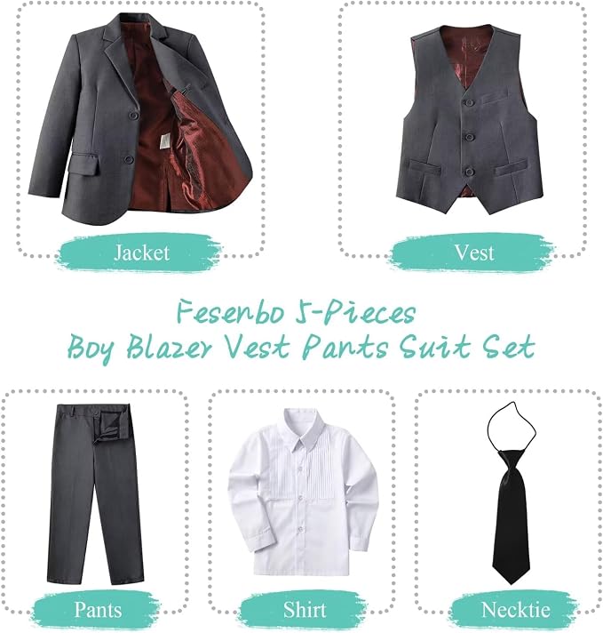 Boy's Suit Formal Slim Fit 5 Pieces Suit Set Blazer Vest Pants - Image 2