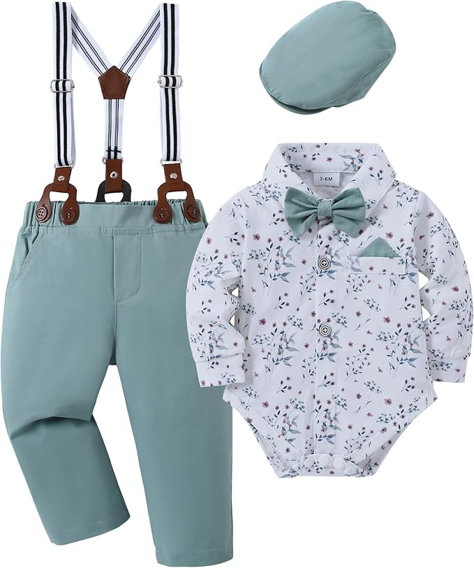DISAUR Baby Boy Clothes Suits 4PCS Gentleman Outfit Dress Romper Beret Hat by DISAUR