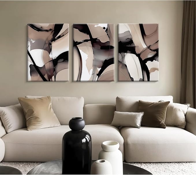 Black Beige Abstract Wall Art Brown Neutral Canvas Wall Decor Minimalist Art - Image 5