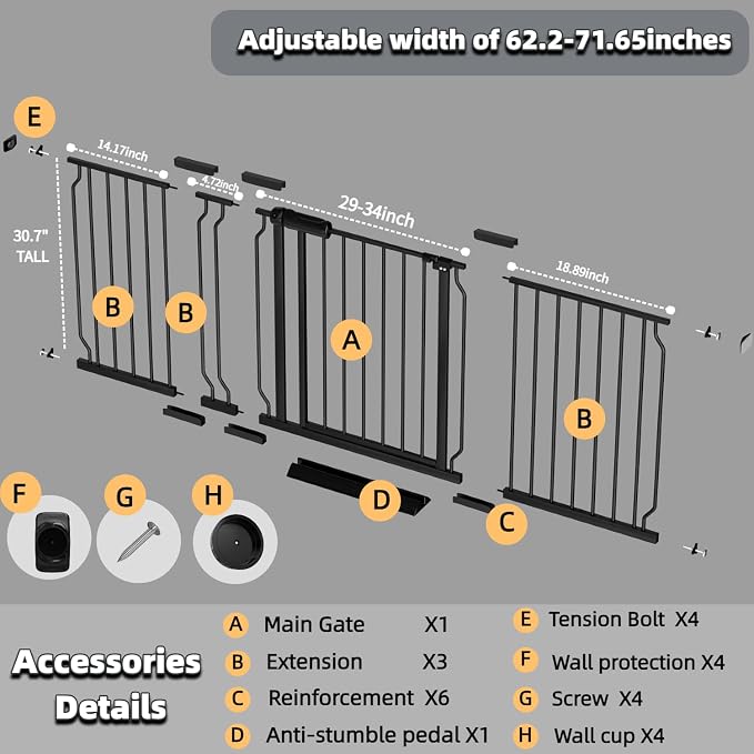 62.2"-71.65" Extra Wide Auto Closing Baby Safety Gate - Image 2