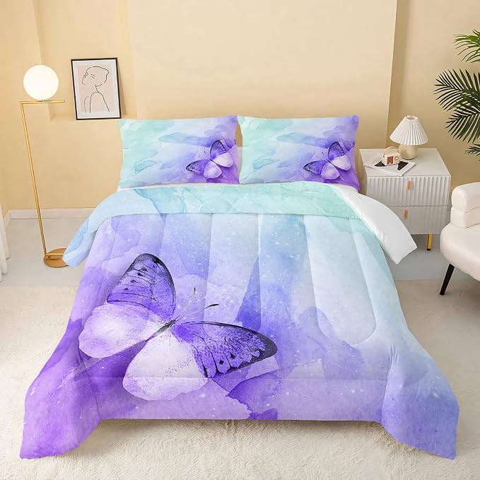 QOOMO Butterfly Comforter Twin Size, Watercolor Butterfly Kids Bedding Set by QOOMOHOME