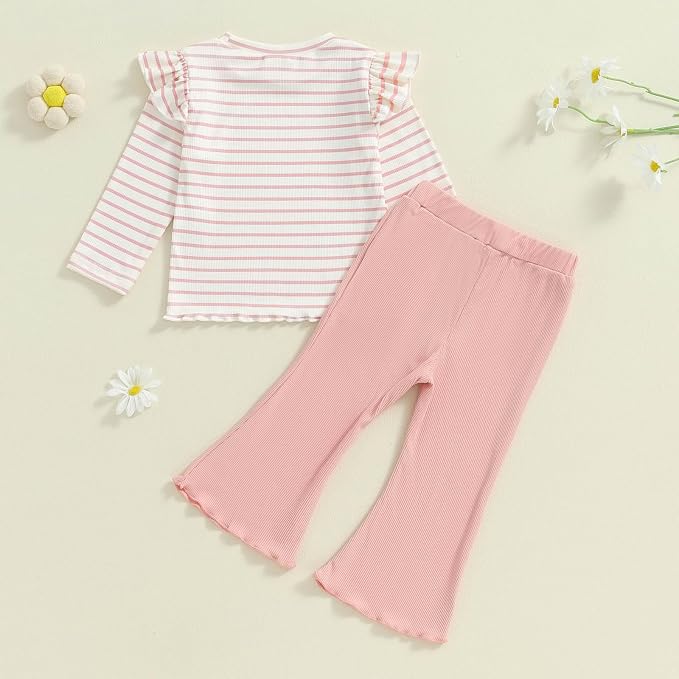 FOCUSNORM Toddler Baby Girl Outfits Ruffle Long Sleeve Striped Trim Tops + - Image 4