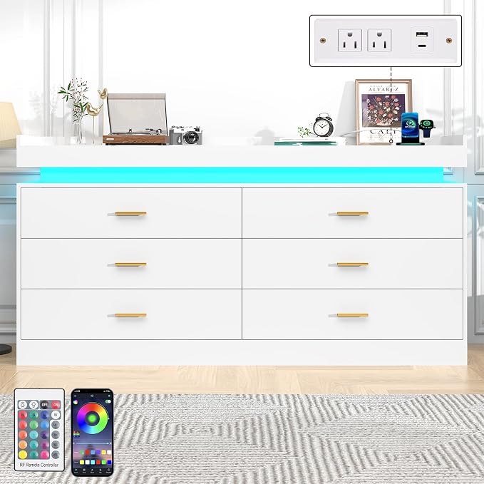 6 Drawer Dresser with LED Light and Charging Station, Wide Drawer Organizer - Image 2