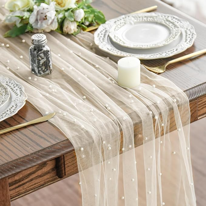 Artoid Mode Pearl Beige Gauze Table Runner 59x120 Inch, Seasonal Sheer Kitchen by ArtoidMode