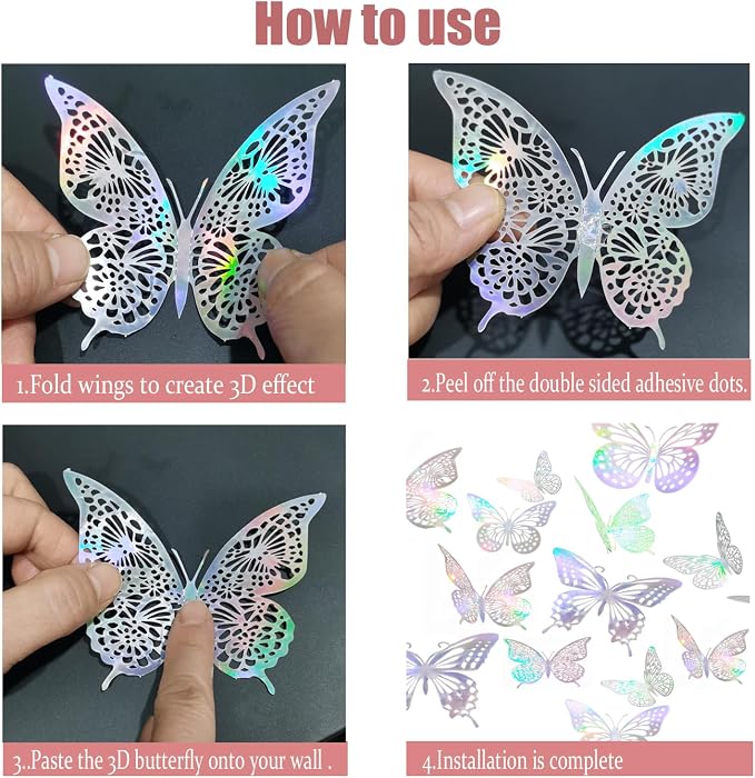 48 Pcs Rainbow Silver Butterfly Decorations, 4 Styles 3 Sizes, Butterflies Wall - Image 2