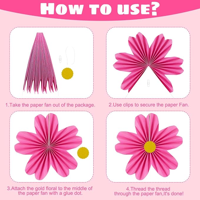 YUNXUAN Pink Party Decorations Paper Fan Paper Flowers Decorations - Image 7