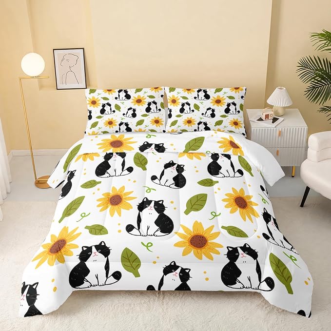 QOOMO Kawaii Cat Comforter Twin Size, Sunflower Cat Comforter Set by QOOMOHOME